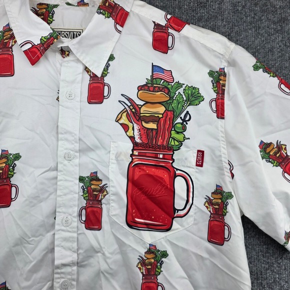 RSVLTS Mens Bloody Mary Cocktail Print Short Sleeve Button Down Shirt White L - Picture 2 of 7